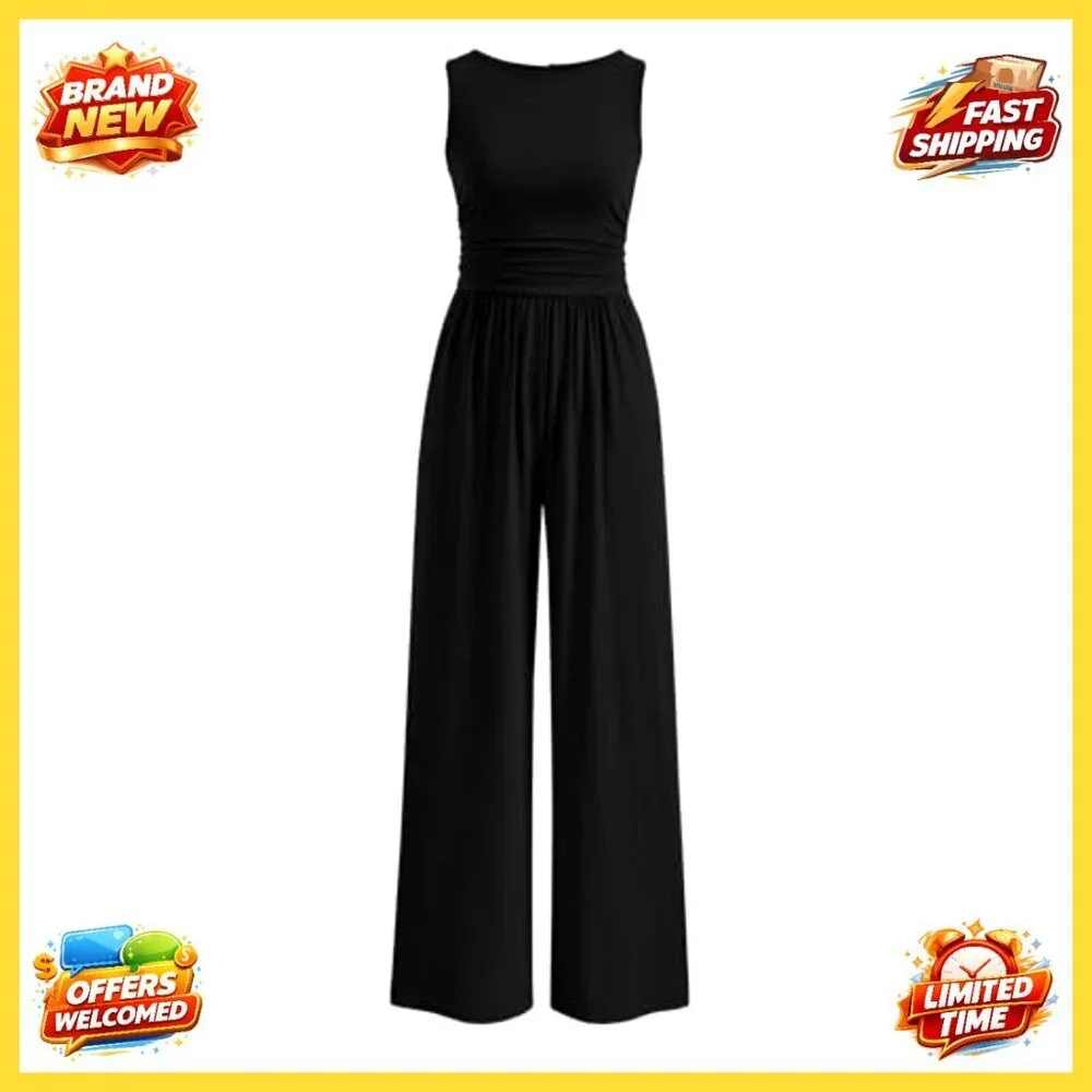 Sleeveless Wide Leg Jumpsuit Elegant Chic Casual Summer Romper - Picture 2 of 8